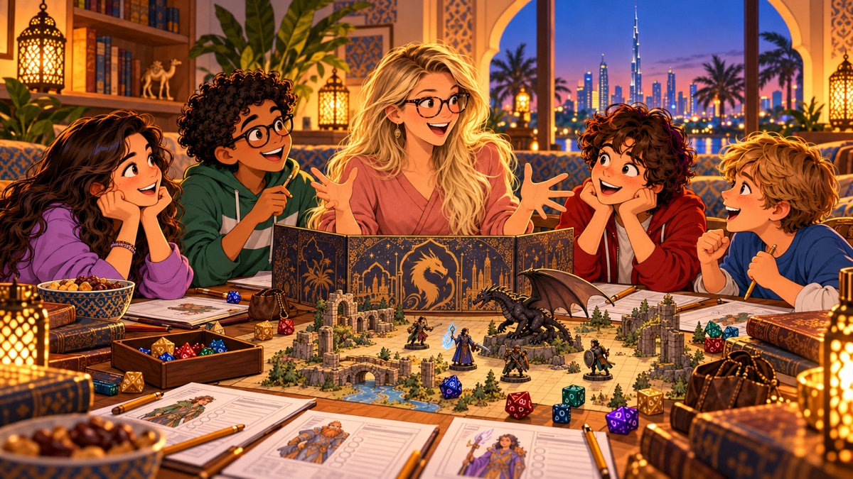 A Dungeon Master tells the story to four excited children around a table with a map, miniatures, a dragon figure, dice and character sheets; the Dubai skyline glows in the window behind them.